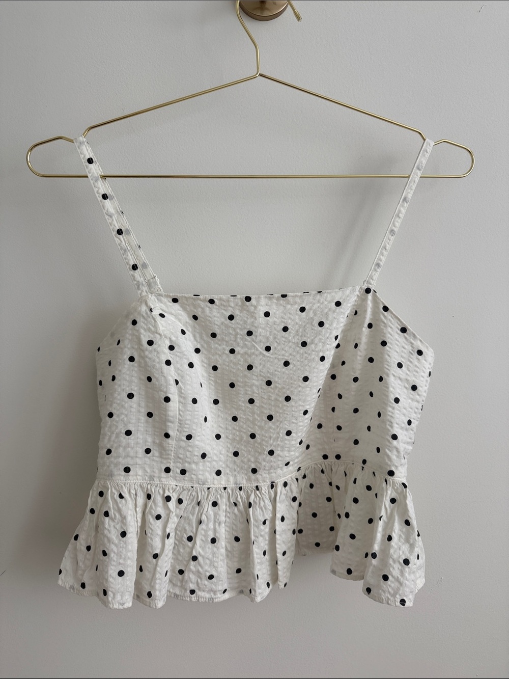 aerie White Cami with Black Polka Dots and Peplum Hem
